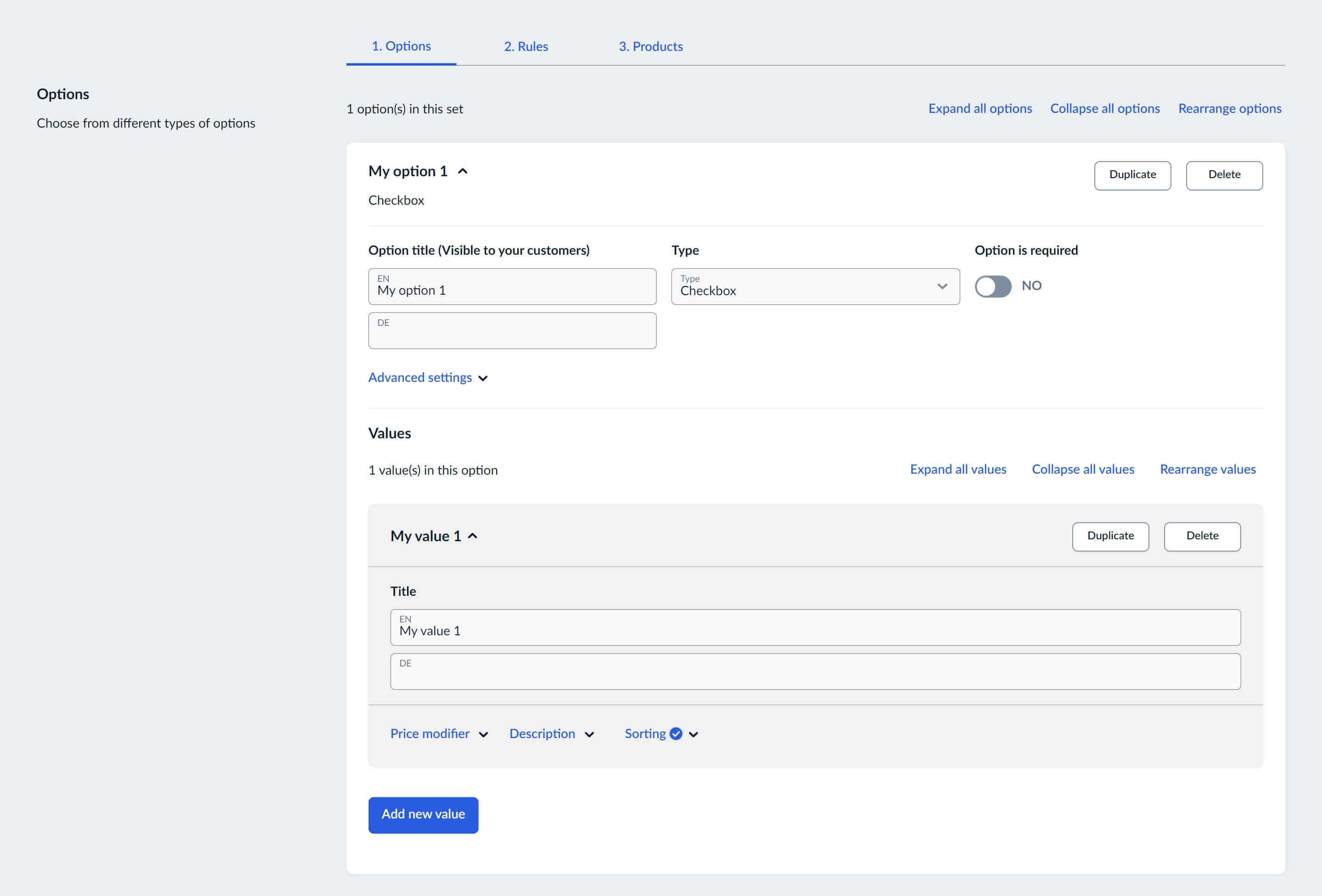 Create option with values