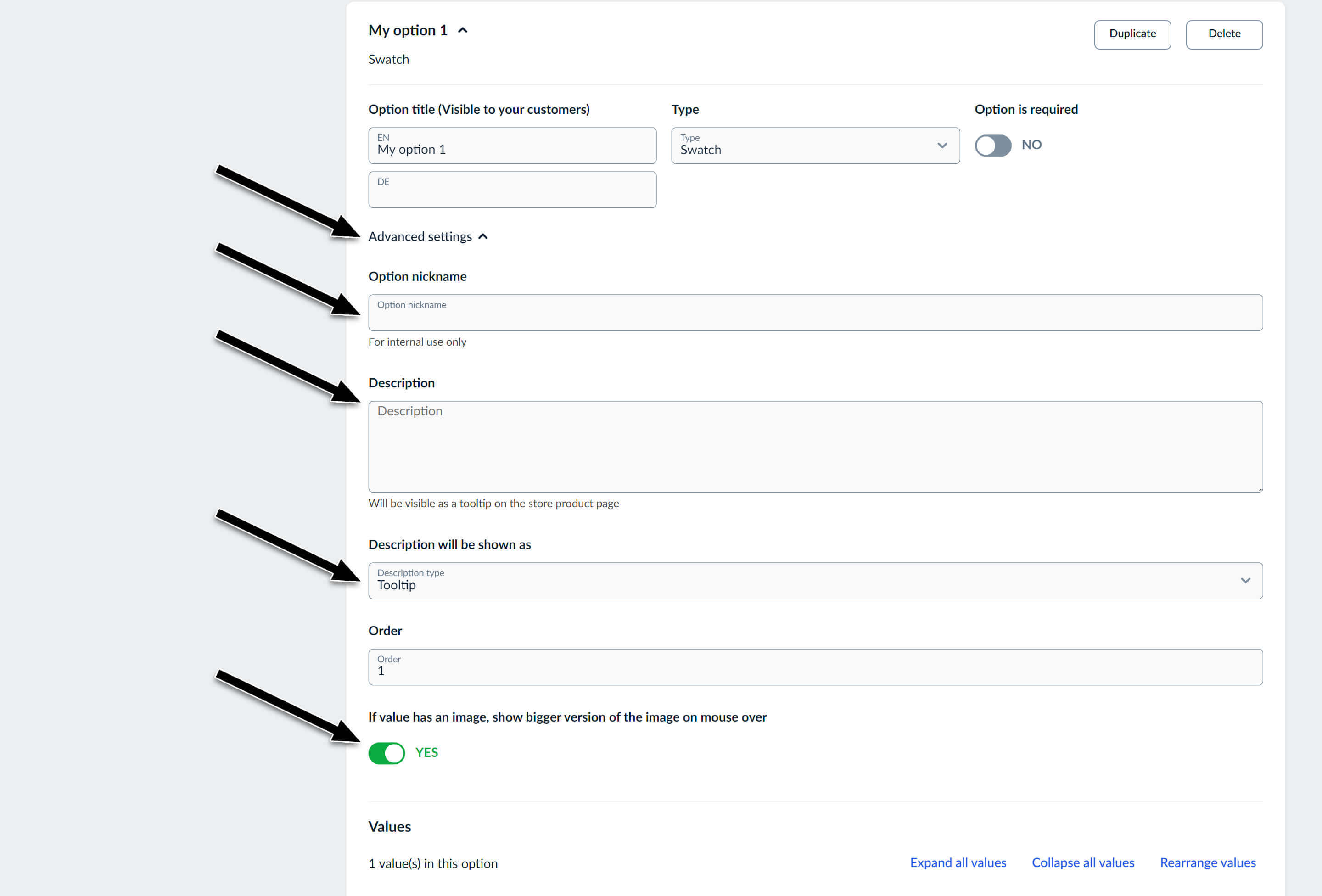 Product Option Advanced Settings